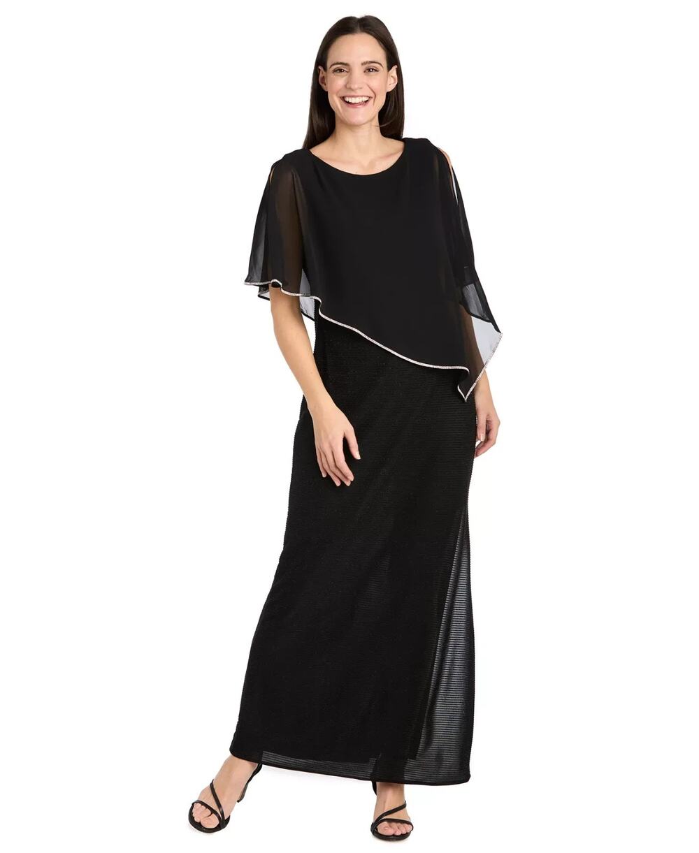 R&M Richards Navy Cape Dress Size 12 Jewel Neck Chiffon Overlay Gown Formal NEW